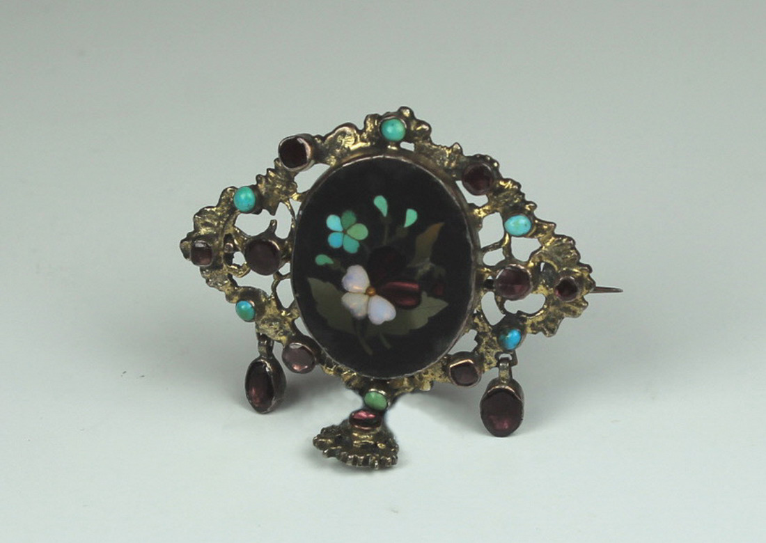 Austro Hungarian silver set Petra Dore brooch, the border set with turquoise and almandine garnet,