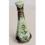 A French Enamel perfume bottle, silver mounts to the neck and base , decorated with flowers