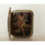 A silver cigarette case, with inner lid showing a nude lady holding a spay of flowers. Austrian