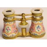 Unusual pair of French enamel opera glasses with mother of Pearl barrels the eyepieces signed