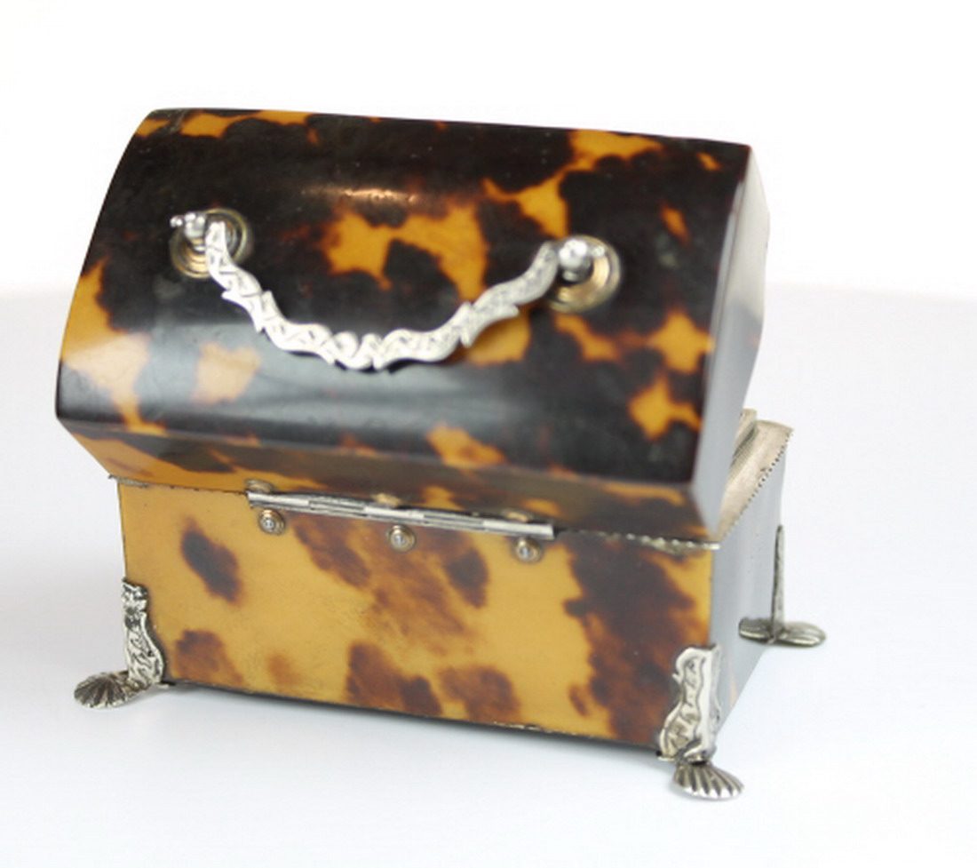 A fine Tortoiseshell travelling writing set of trunk form on 4 silver mounted feet opening to - Image 2 of 2