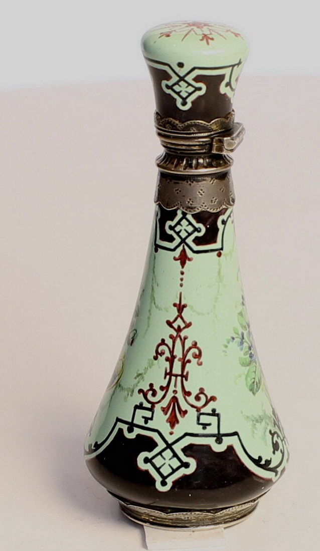 A French Enamel perfume bottle, silver mounts to the neck and base , decorated with flowers - Image 2 of 2