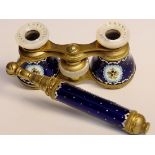 French Enamel Opera Glasses with mother of pearl eye pieces signed chevalier Paris with extendable