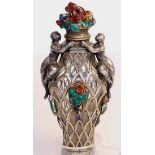 A rare Silver and enamel bottle attrib to Fromont Maurice the criss cross cage work over the body