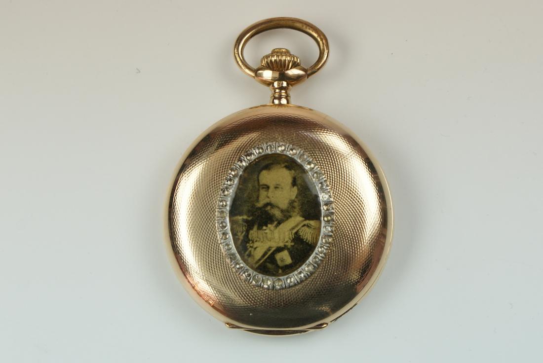14ct gold hunter pocket watch by TAVANNES with miniature on the front of the case depicting a