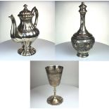 A mixed lot of Continental silver comprising of a coffee pot, a Portuguese flagon and a Kiddish cup.