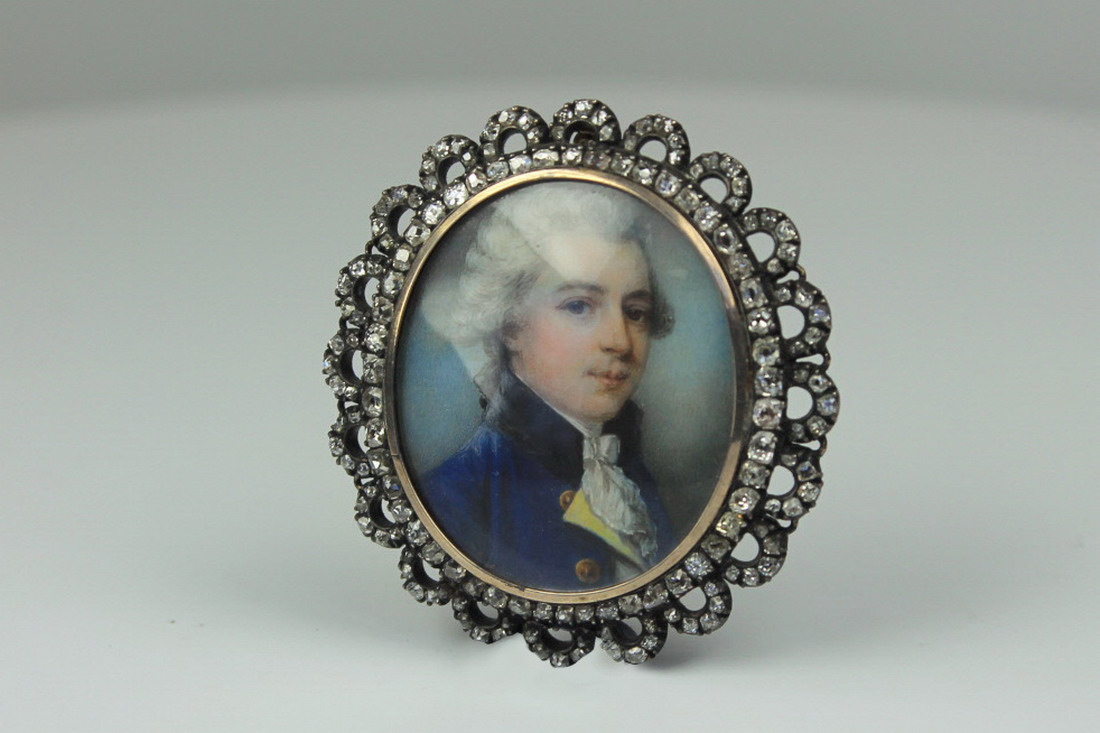 A surberb Portrait miniature of a gent by James Nixon in a Georgian Diamond frame prov Anton