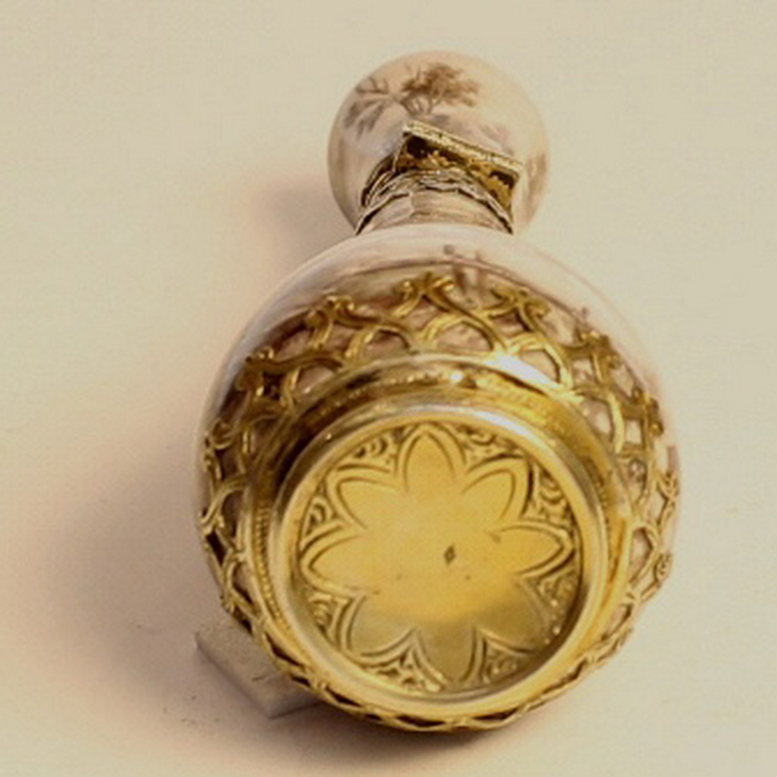 A French enamel perfume bottle , with pieced silver mount to neck and base in an attractive - Image 2 of 2