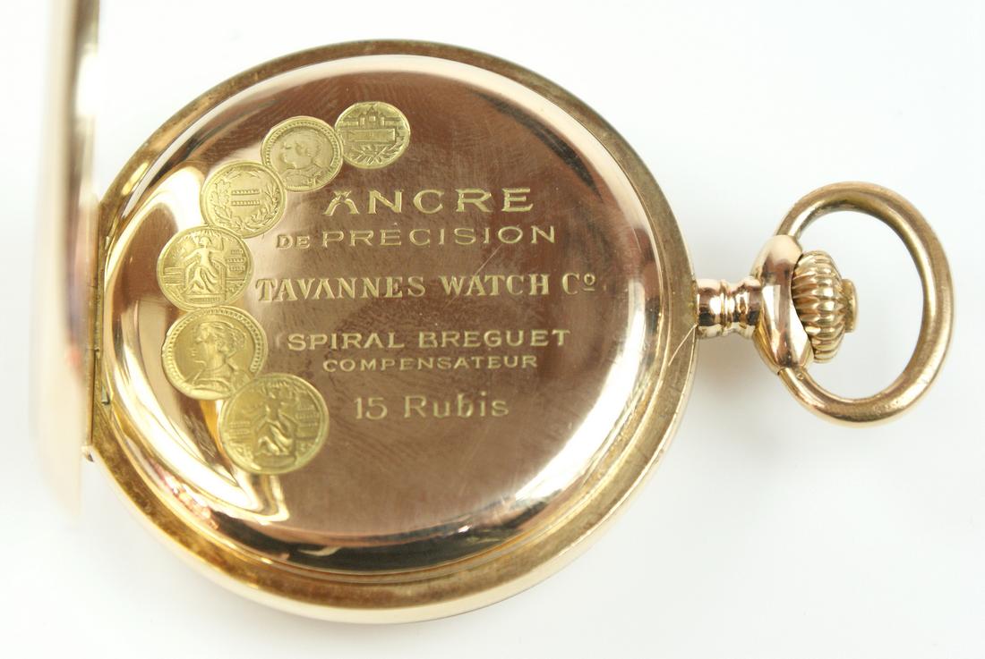 14ct gold hunter pocket watch by TAVANNES with miniature on the front of the case depicting a - Image 2 of 2