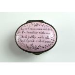 This beautiful oval shaped bilston patch box with the title “have communion with few, be familiar