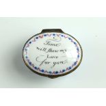 A fine and beautiful oval shaped bilston patch box with the title “time will show my love for you”