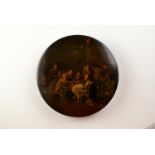 This fine circular stockman papier Mache snuff box depicts a group of men in deep conversation