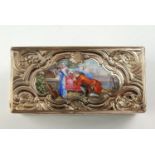 A fine and rare French gold and enamel snuff box of oblong form, the sides with cartouches each with