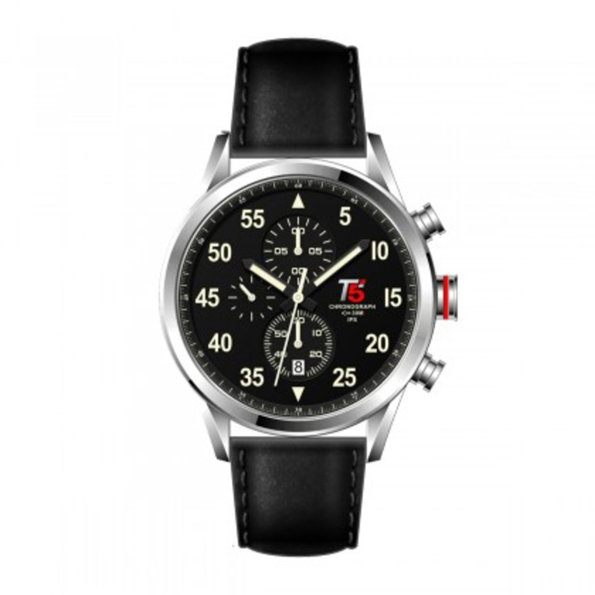 T5 Dexter D4 watch has a silver chronograph dial with silver hands and white markers. Date Function.