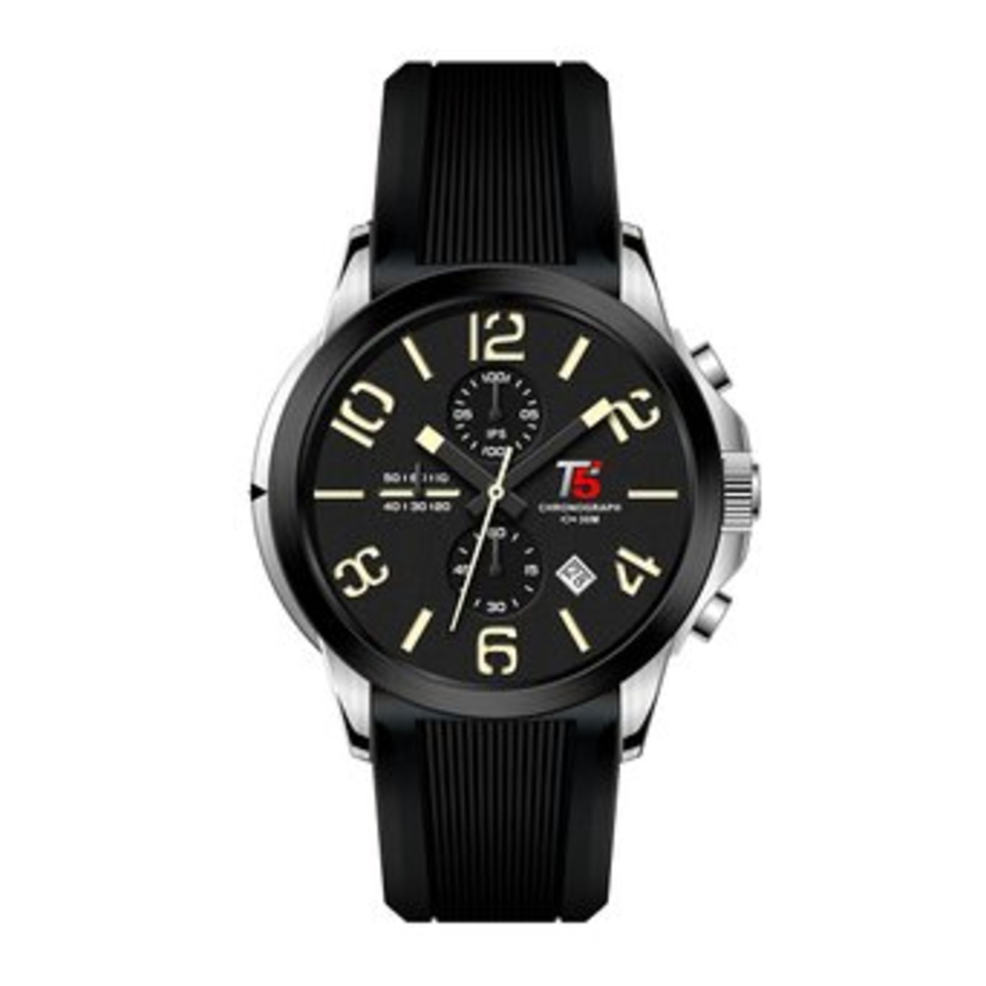 The T5 Lennox L1 watch features a black chronograph dial, black hands, with off white numbers.
