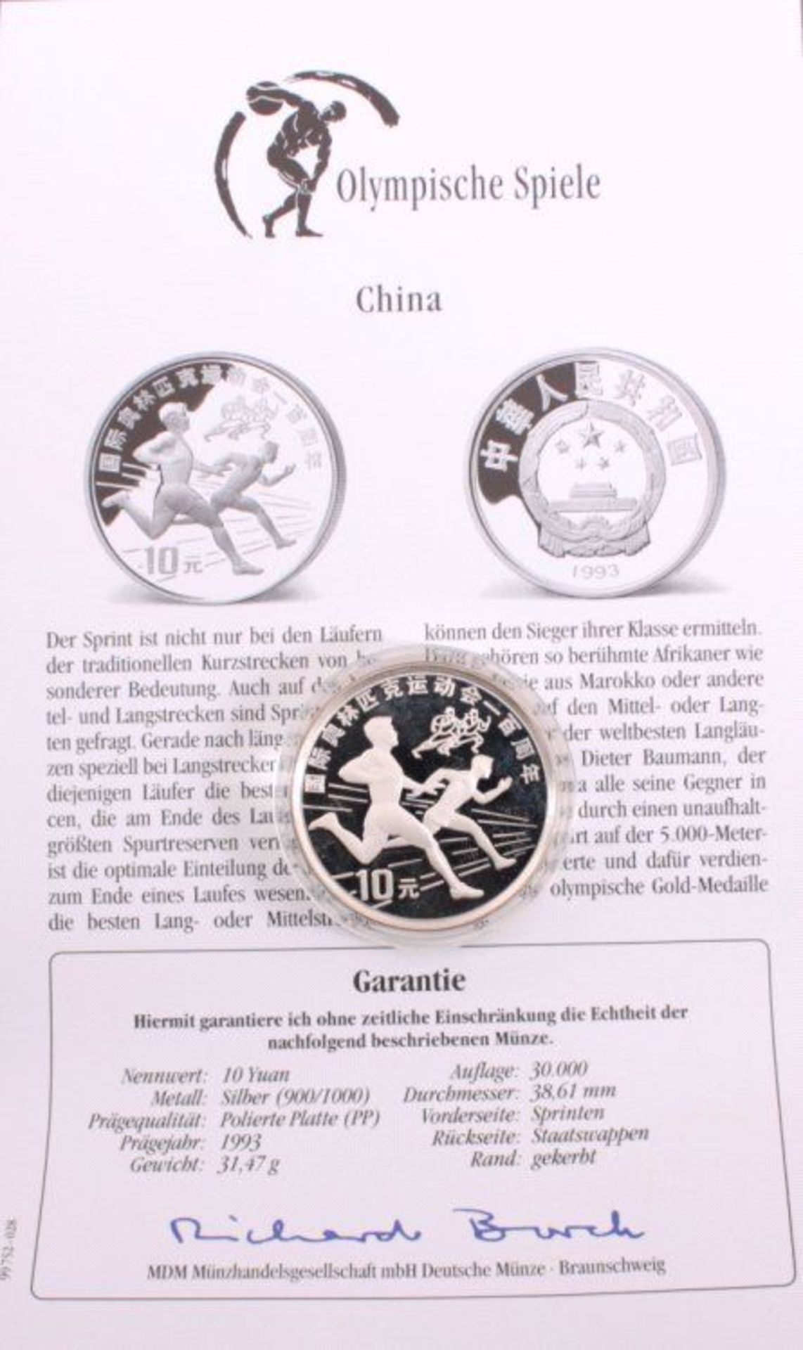 Reserve: 15 EUR        China, 10 Yuan 1993 900er Silber, PP in Münzkapsel, Motiv: Sprinten/