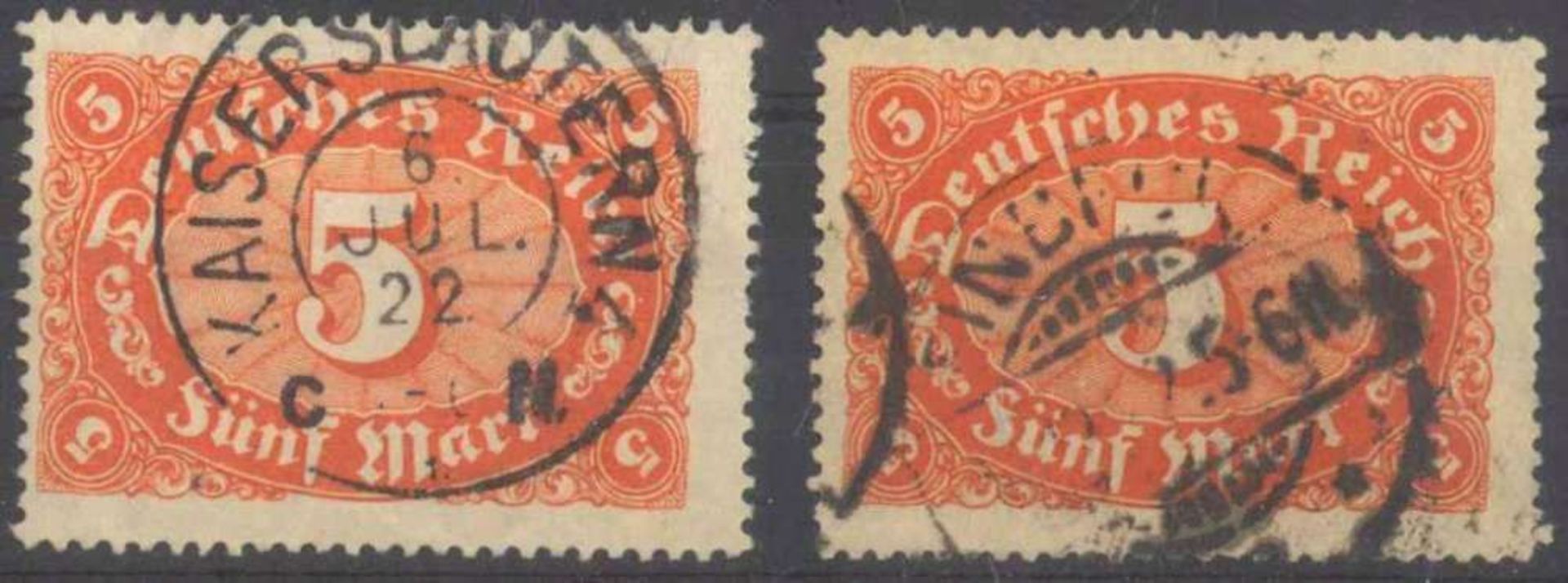 Reserve: 1 EUR        1921 Deutsches Reich, 5 Mark Ziffer, 2 Farben Michelnummern 174 a und b, je