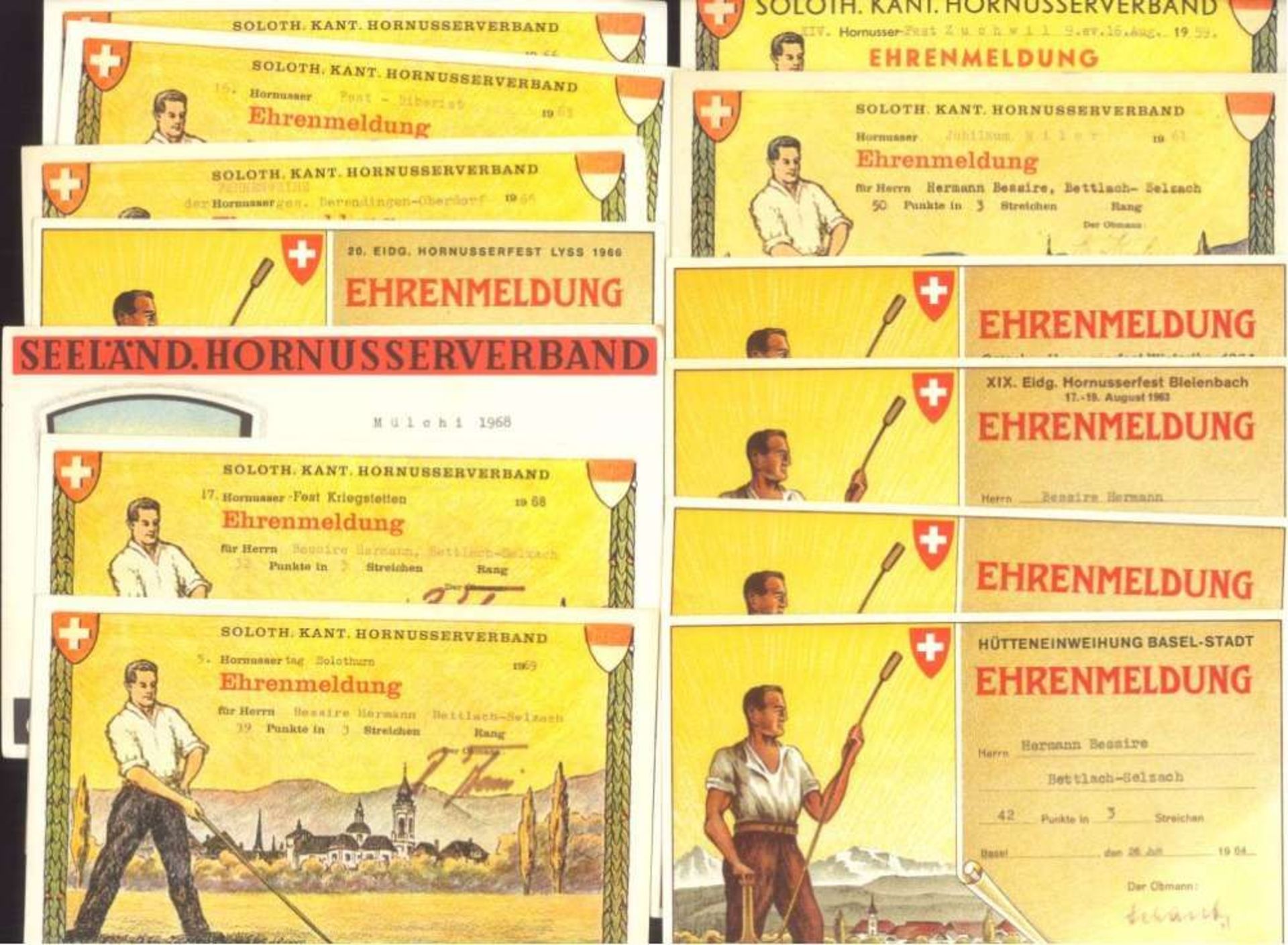 Reserve: 15 EUR        Schweiz 1933-1969, Sport des HORNUSSENS 21 verschiedene Ehrenmeldungen