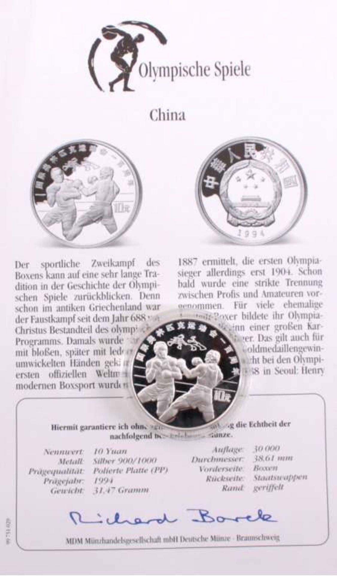 Reserve: 15 EUR        China, 10 Yuan 1994 900er Silber, PP in Münzkapsel, Motiv: Boxen/