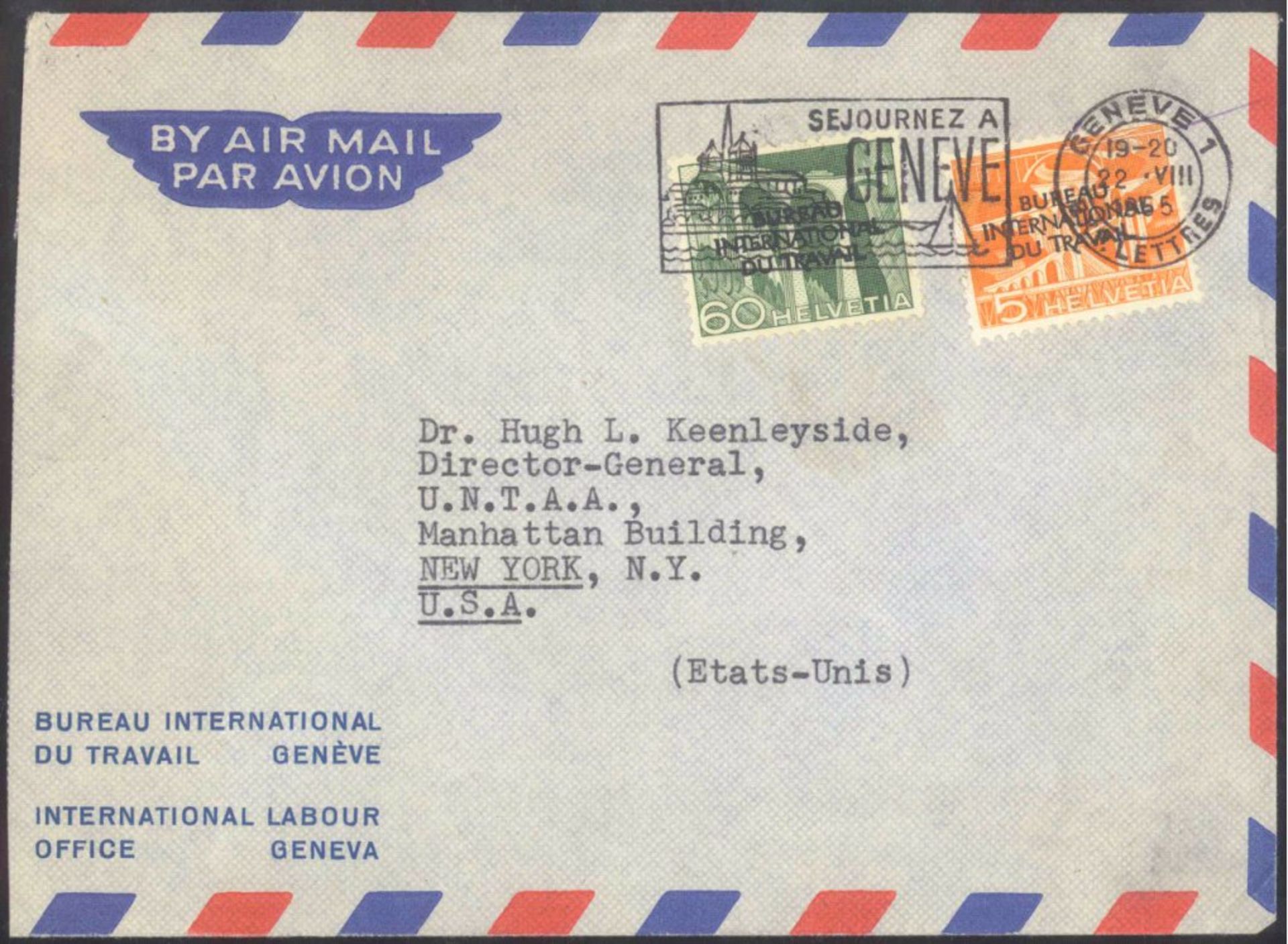 1955 Schweiz, Internationales Arbeitsamt BITschöner Luftpostbrief von "GENEVE 22. VIII 1955" nach