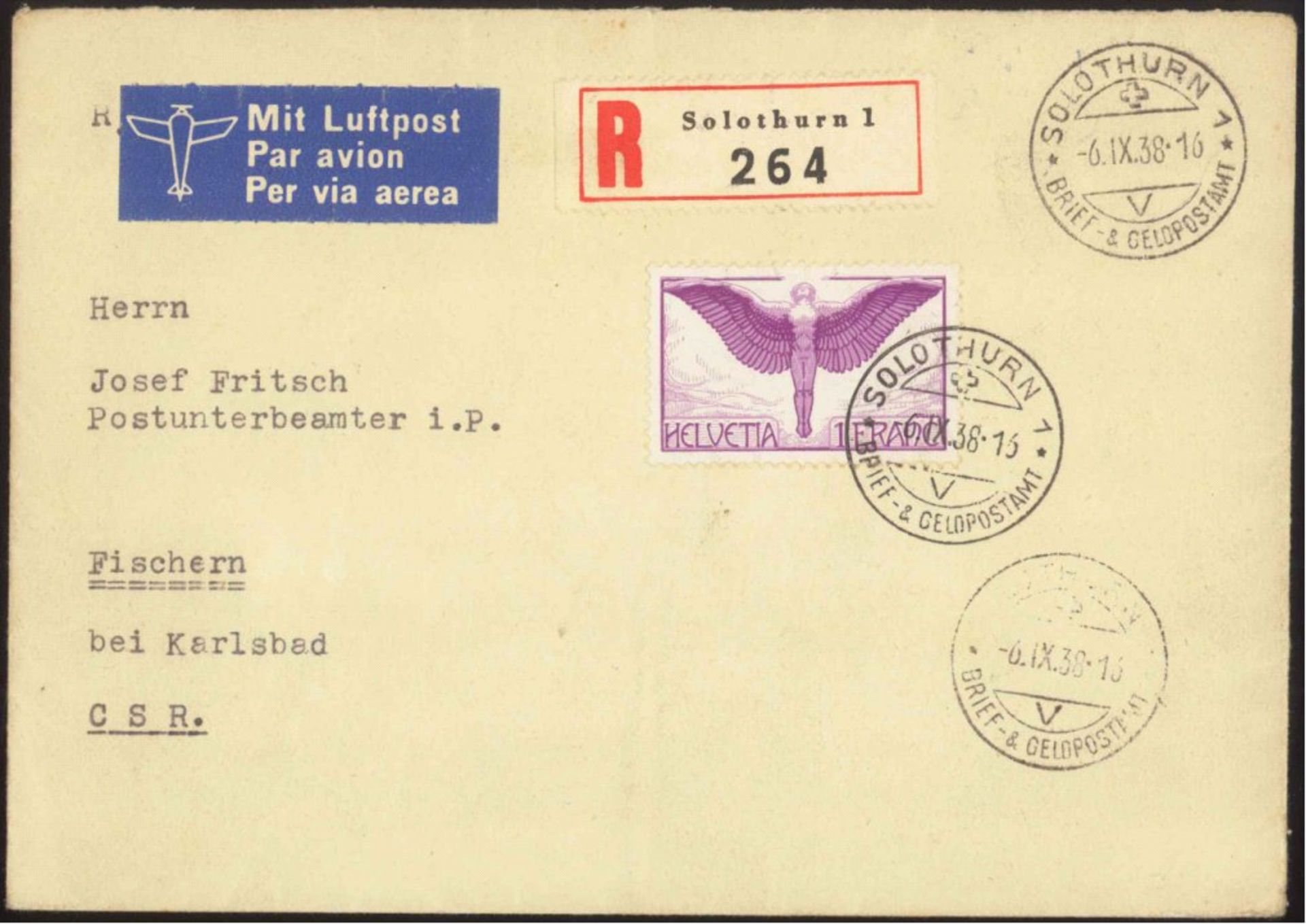 1938 Schweiz, Luftpost in die TschechoslowakeiEinschreiben-Luftpost Brief, frankiert mit 1