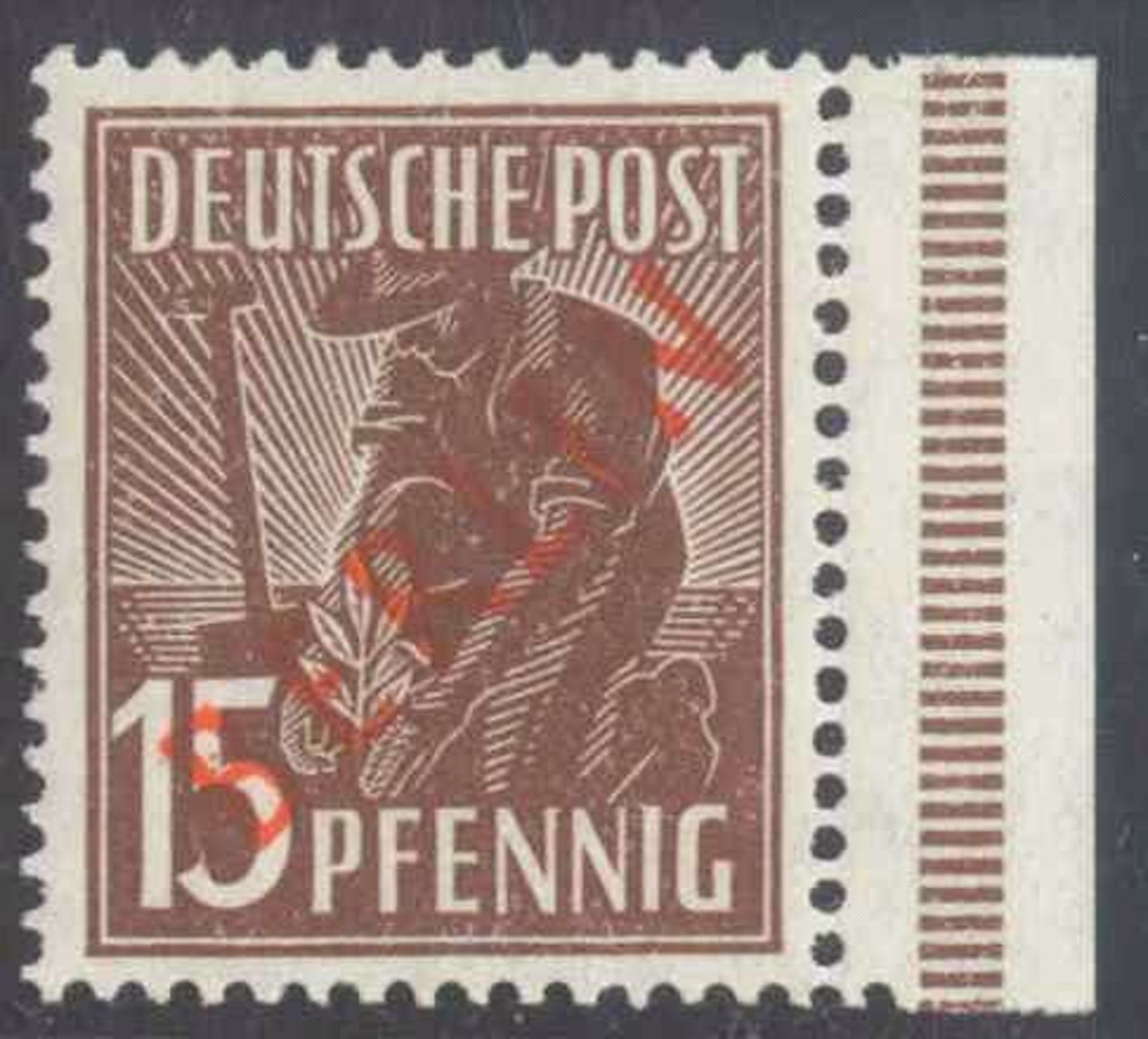 1949 Berlin, 15 Pfennig RotaufdruckMichelnummer 25 mit rückseitigen Abklatsch, postfrischLuxus,