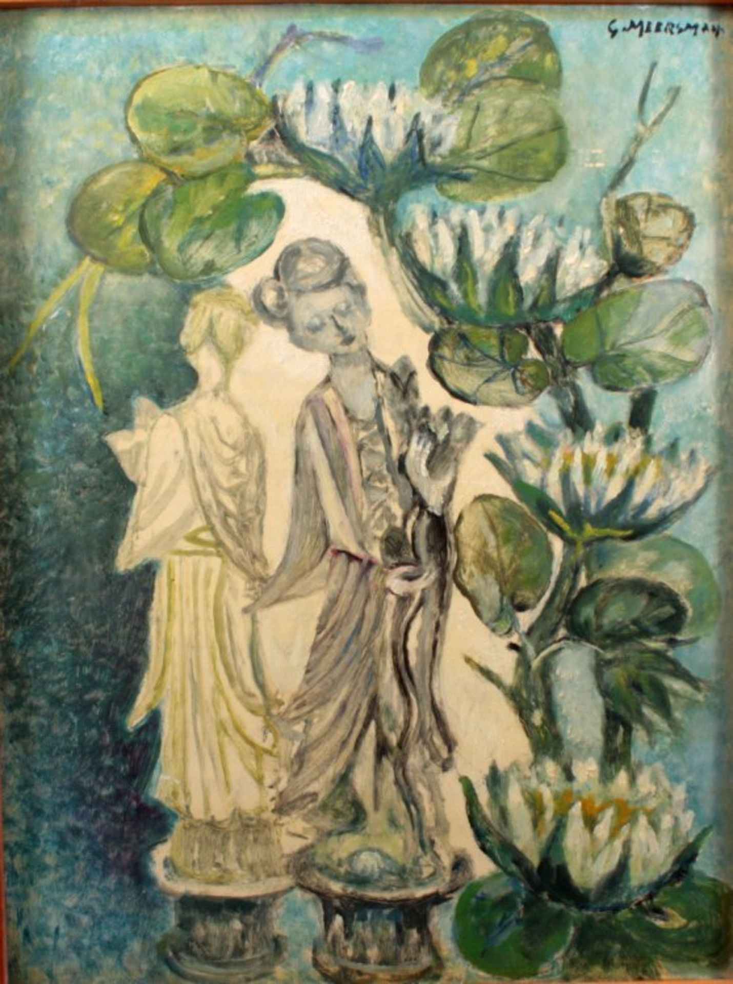 Georgete Meersman (1907-?), Geishastatuen mit LotusblüteÖl/Faserplatte, oben rechts signiert,