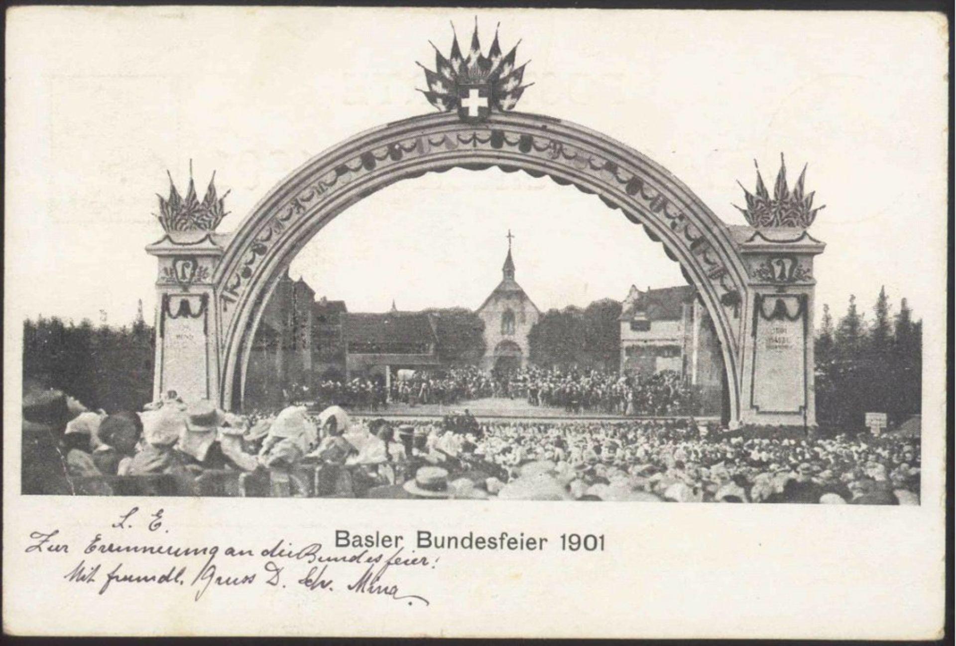 1901 Schweiz, Ansichtskarte Baseler Bundesfeiergelaufene schwarz/weiße Ansichtskarte von"BASEL-