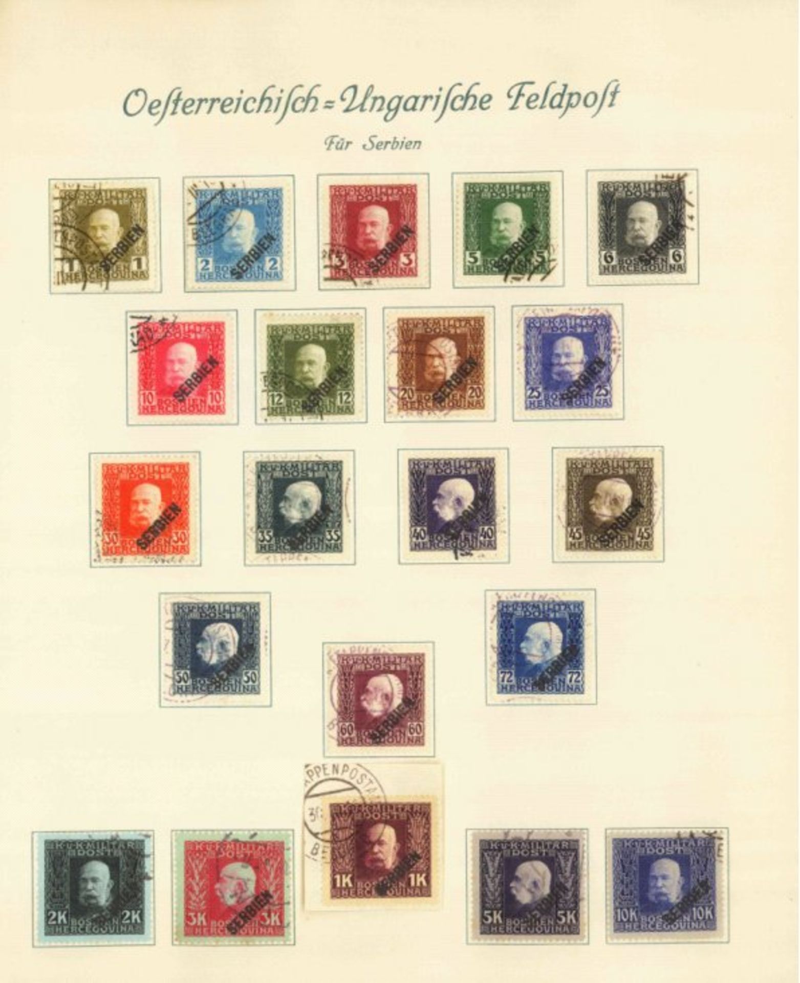 Österreichisch-Ungarische Feldpost,Ausgabe Serbien 1916gestempelte Sammlung auf altem Borek-