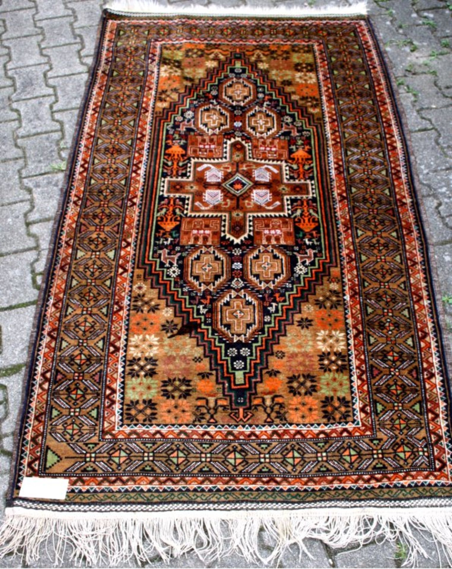 Antiker Orientteppich, Pflanzenfarbengeometrisches Muster, braungrundig, ca. 208x116 cm