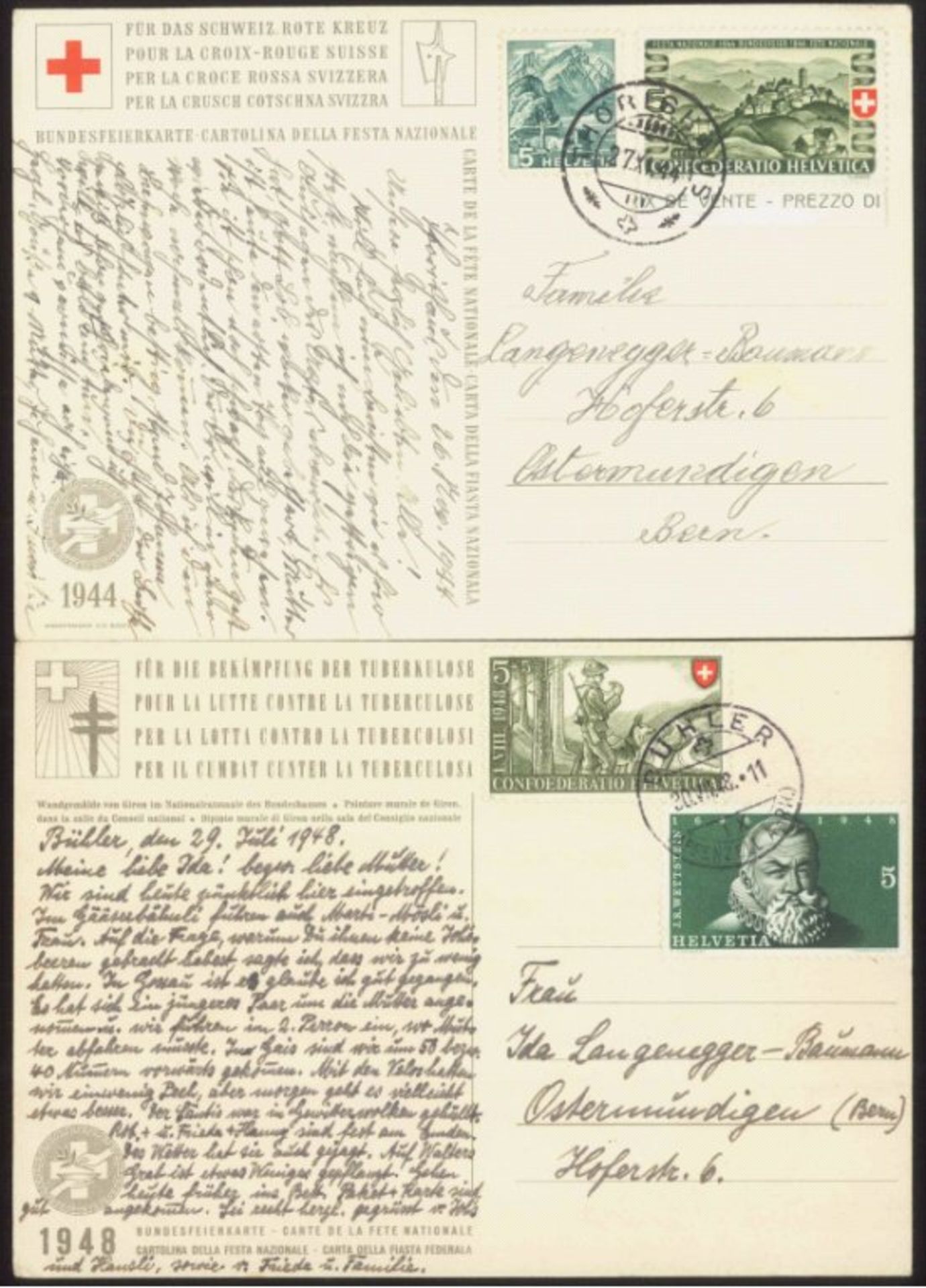 1944/1948 Schweiz; MOTIV Rotes Kreuz2 gelaufene Karten von der Schweiz 1944 und 1948