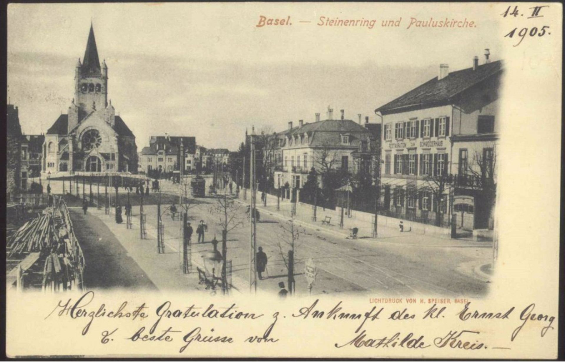 1905 Schweiz, Ansichtskarte Basel Steinenring/Pauluskirchegelaufene schwarz/weiße Ansichtskarte