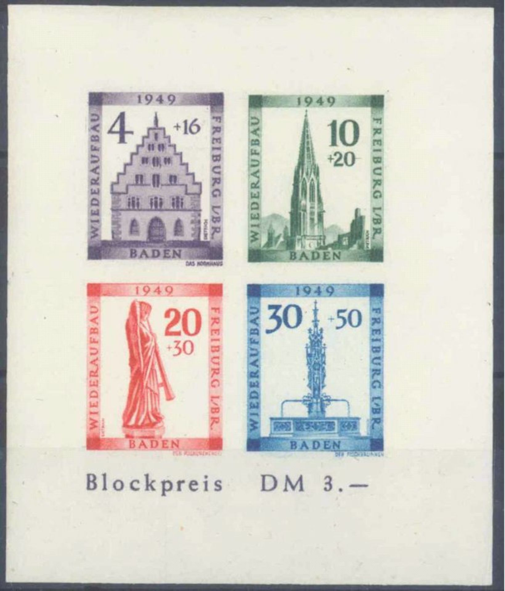 Französische Zone; Ausgabe Baden, Wiederaufbau-BlockMichelnummer Block 1 B, geschnitten,