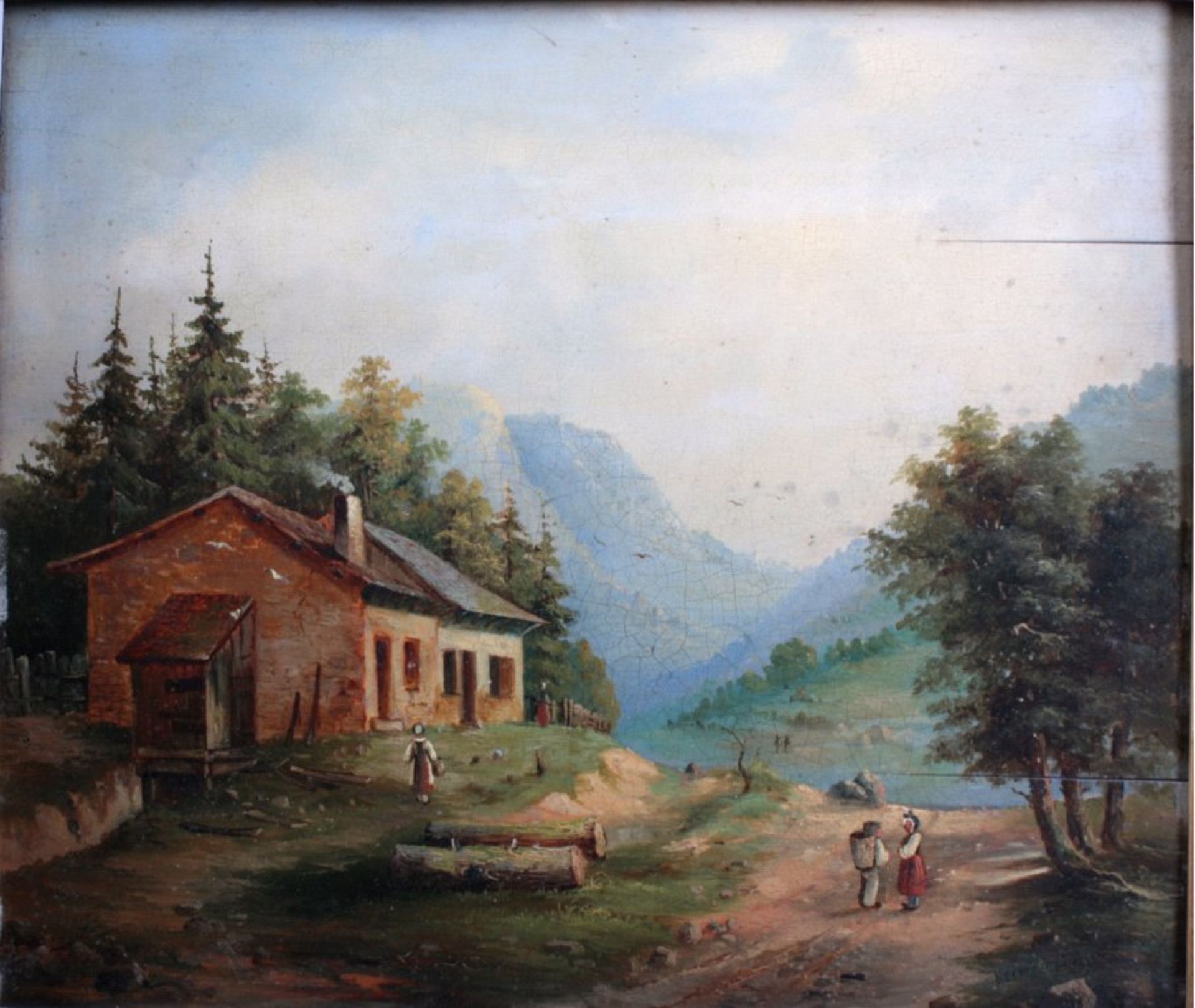 Kreemann ?, Berglandschaft mit Haus und PersonenÖl/Holz (mit Trockenrissen), unten rechts signiert