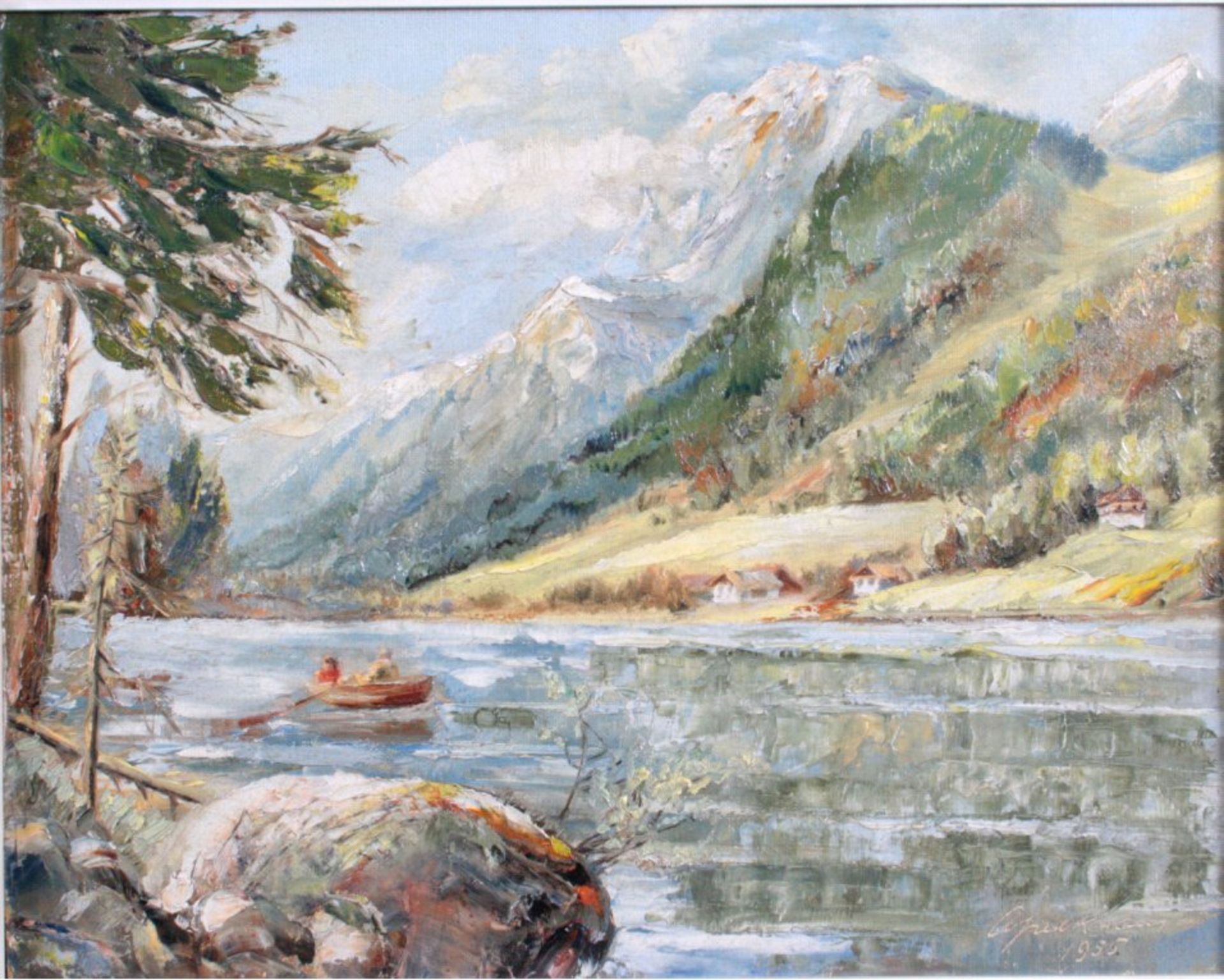 Kraus. Unbekannter Künstler "Bergsee mit Boot und Personen",Öl/lwd., unten rechts signiert und