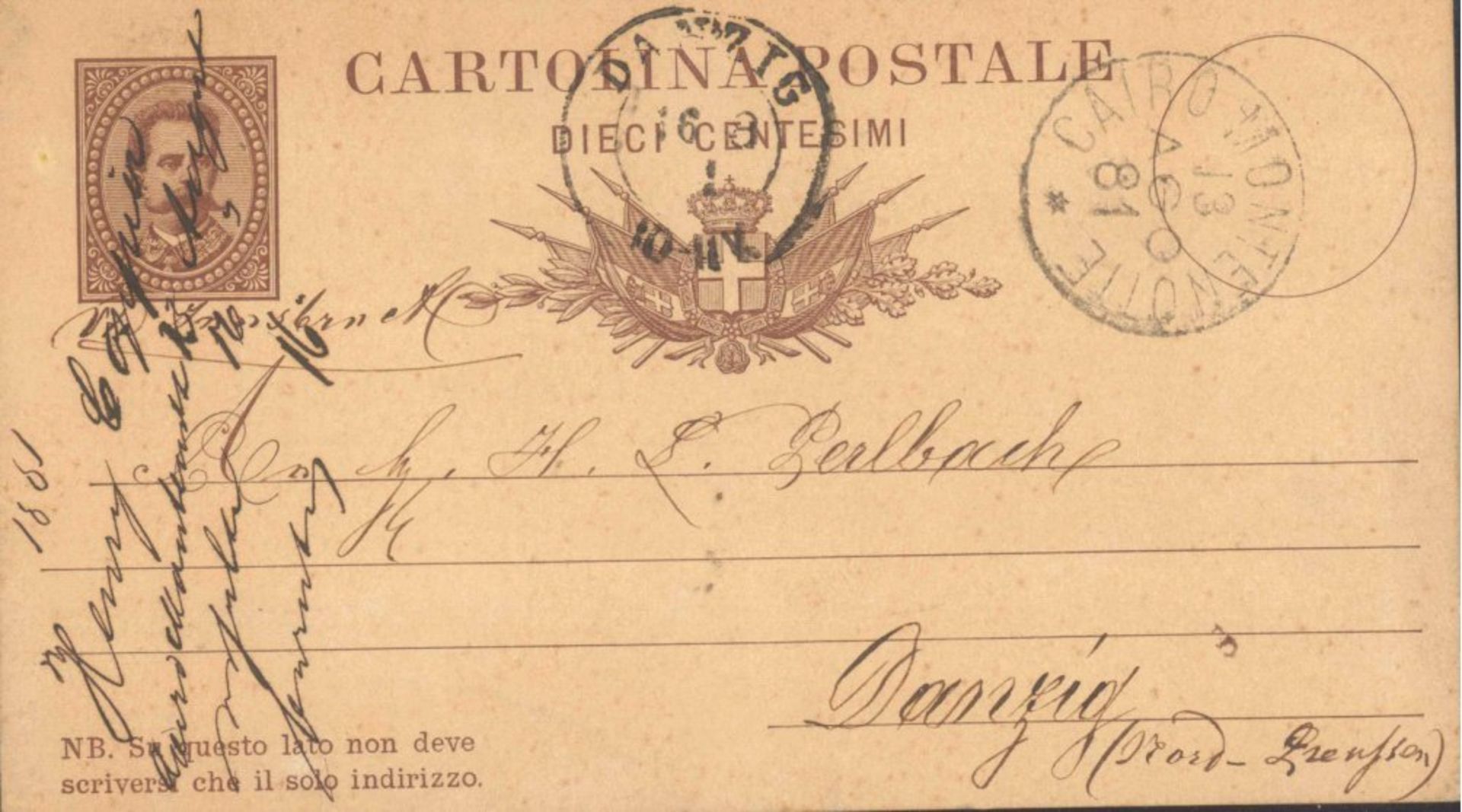 1881, Ganzsache von Italien nach DANZIGtoller Beleg in tadelloser Bedarfserhaltung. 10