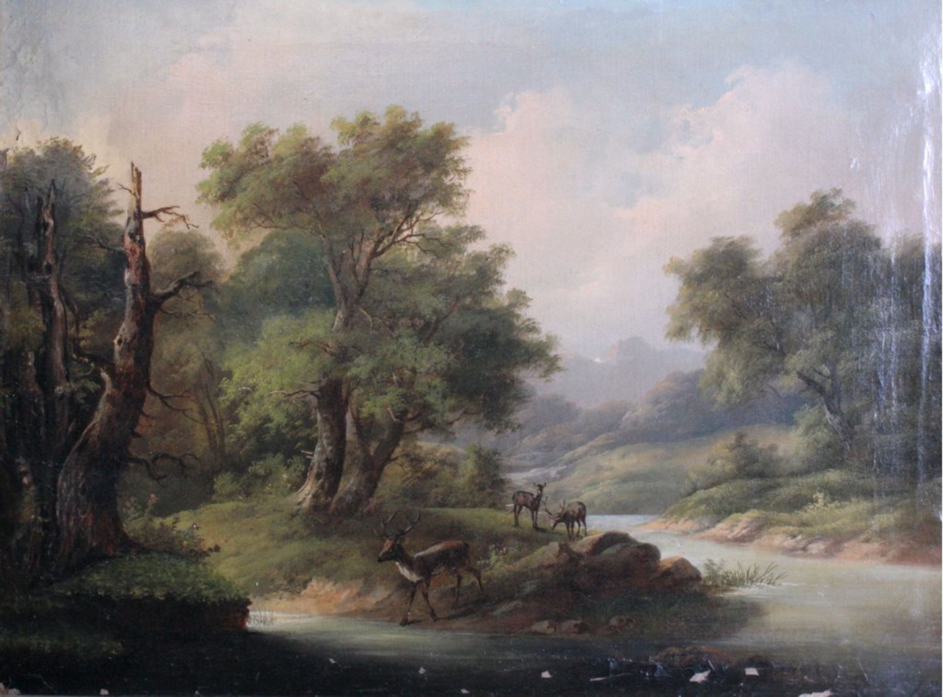 Flußlandschaft mit Rehe, unbekannter Künstler des 19. Jh.Öl/Lwd., gerahmt, unsigniert, vereinzelte