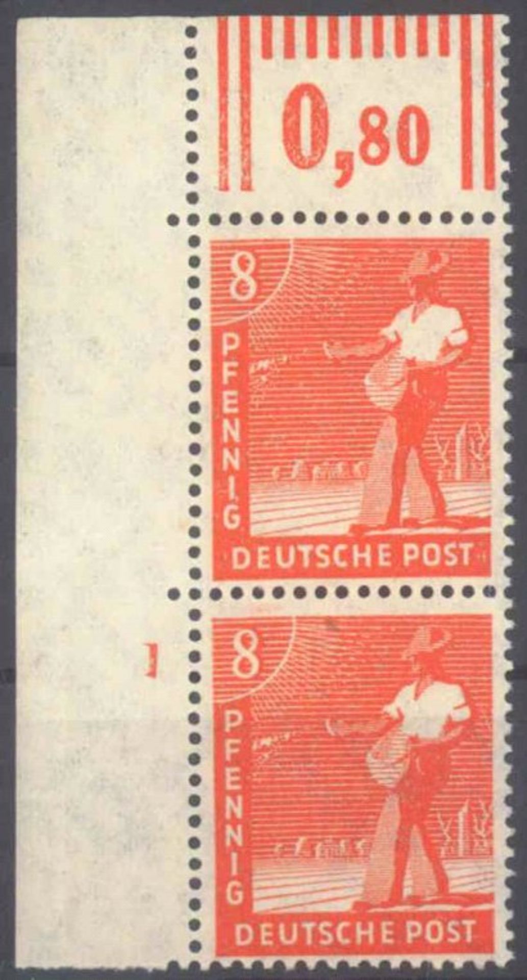 1947 Alliierte Besetzung, 8 Pfennig Sämann, DRUCKERZEICHENMichelnummer 945 als linkes oberes,