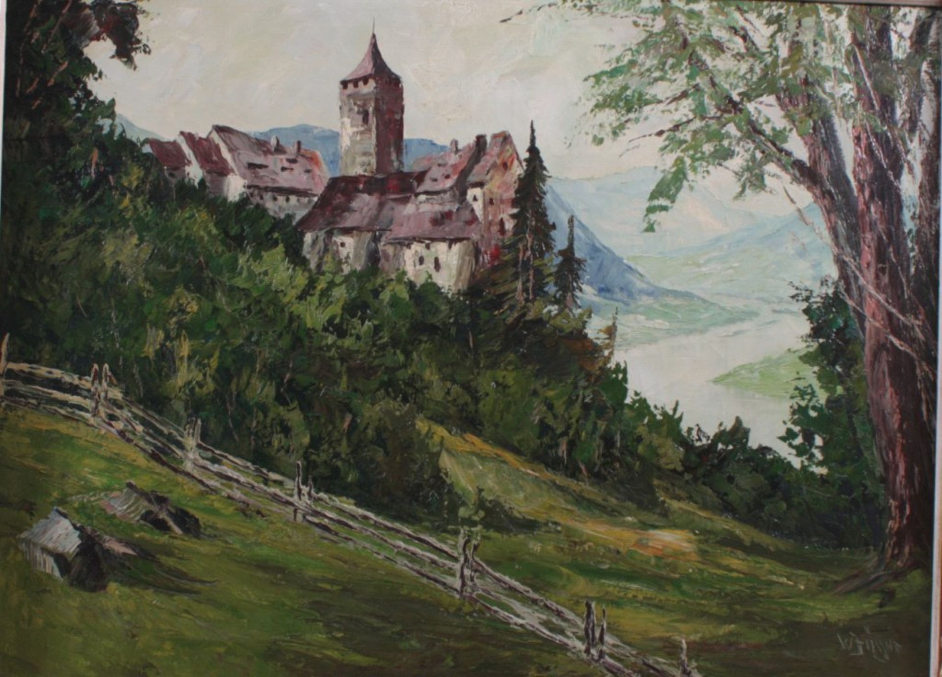 Jäger, W. (1890-1975). BurgenlandschaftÖl/Lwd., unten rechts signiert, rückseitig betitelt, ca.60x80