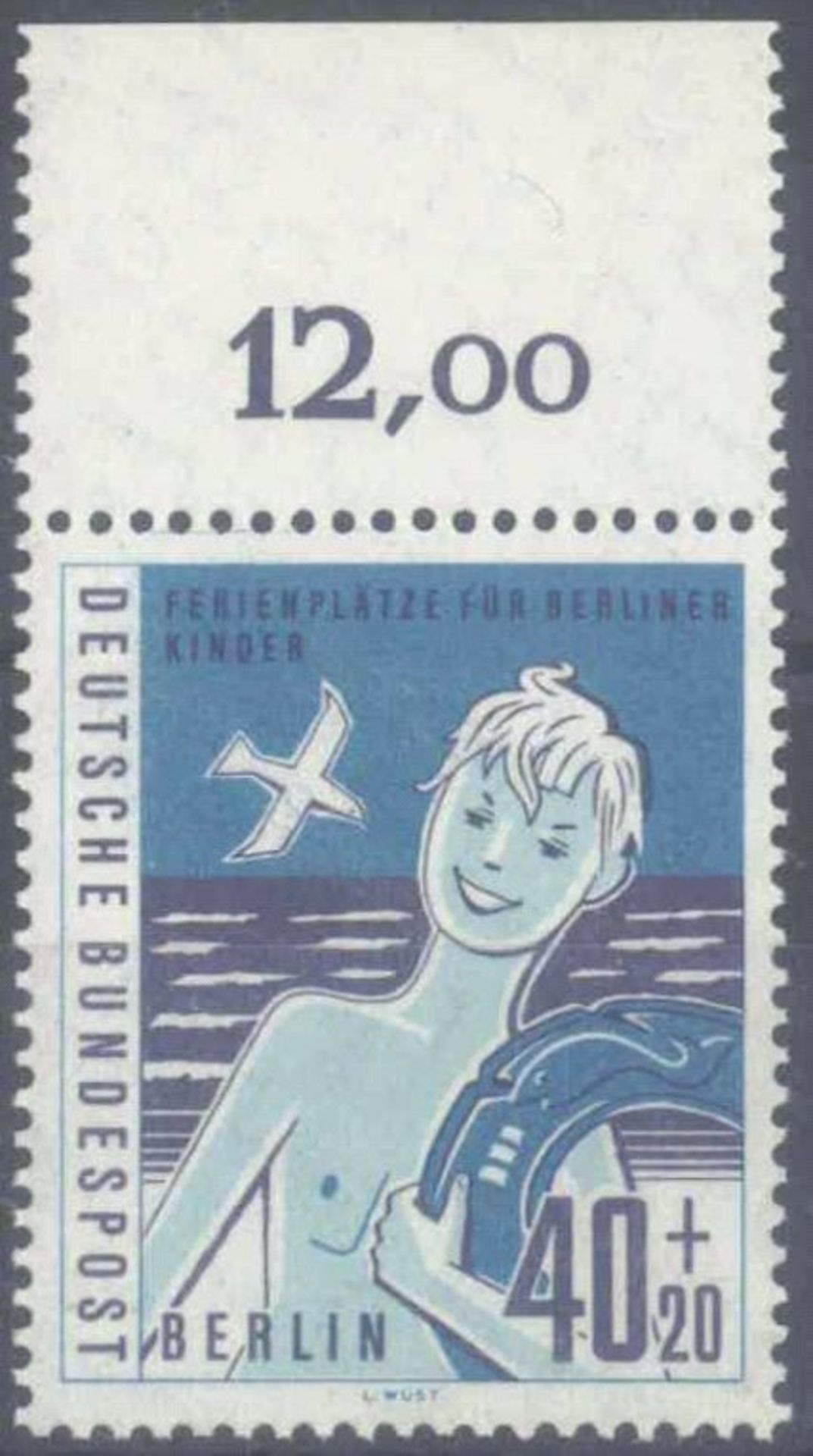 1960 Berlin, 40+20 Pfennig Berliner Kinder mit PlattenfehlerMichelnummer 196 I "blauer Querstrich