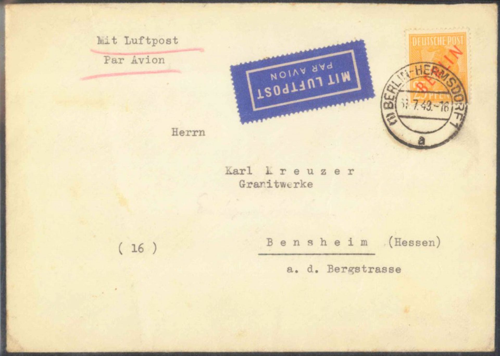 1949 Berlin, 25 Pfennig Rotaufdruck auf portogerechten...Inlands-Luftpostbrief von "BERLIN-HERMSDORF