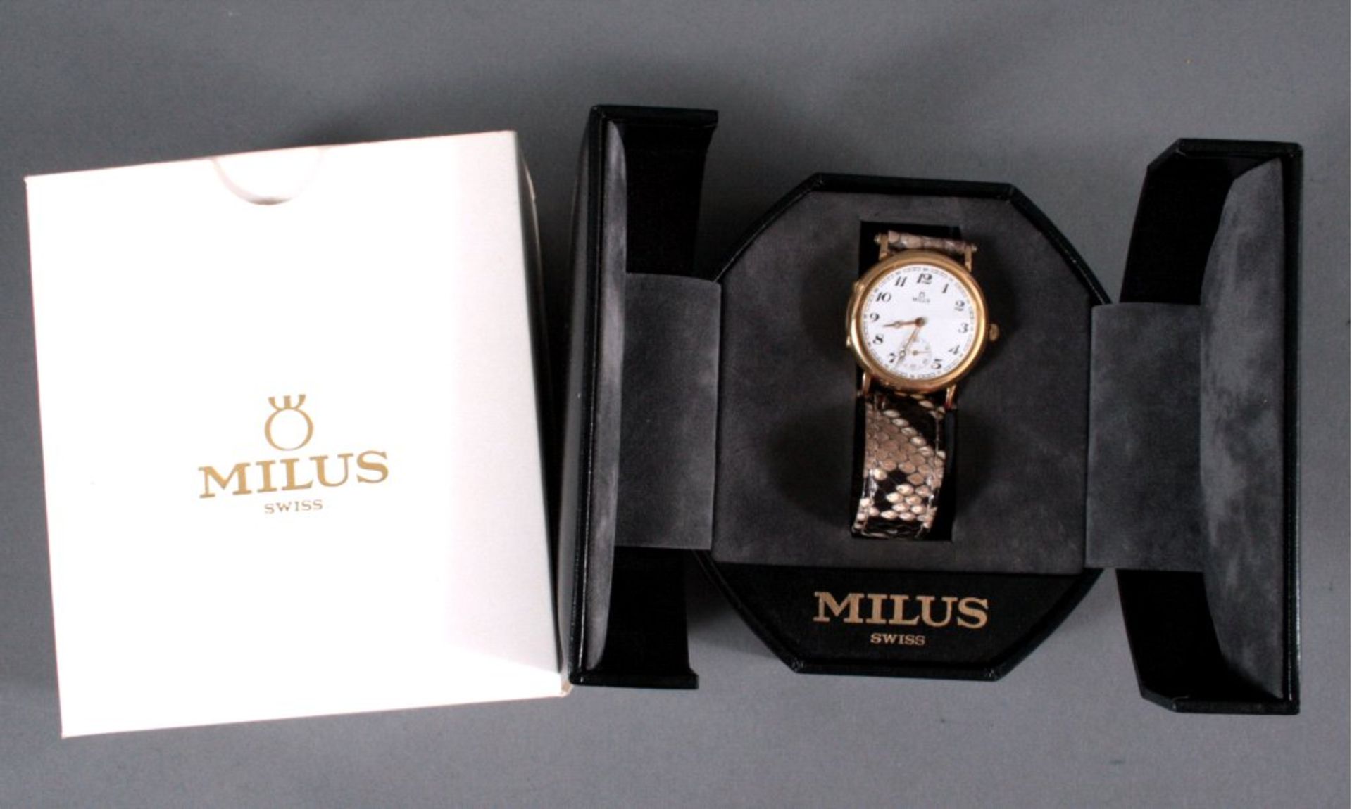 Damenarmbanduhr der Marke Milus, 750/000 GGArmband aus Schlangenleder, funktionsfähigMindestpreis: - Bild 2 aus 3