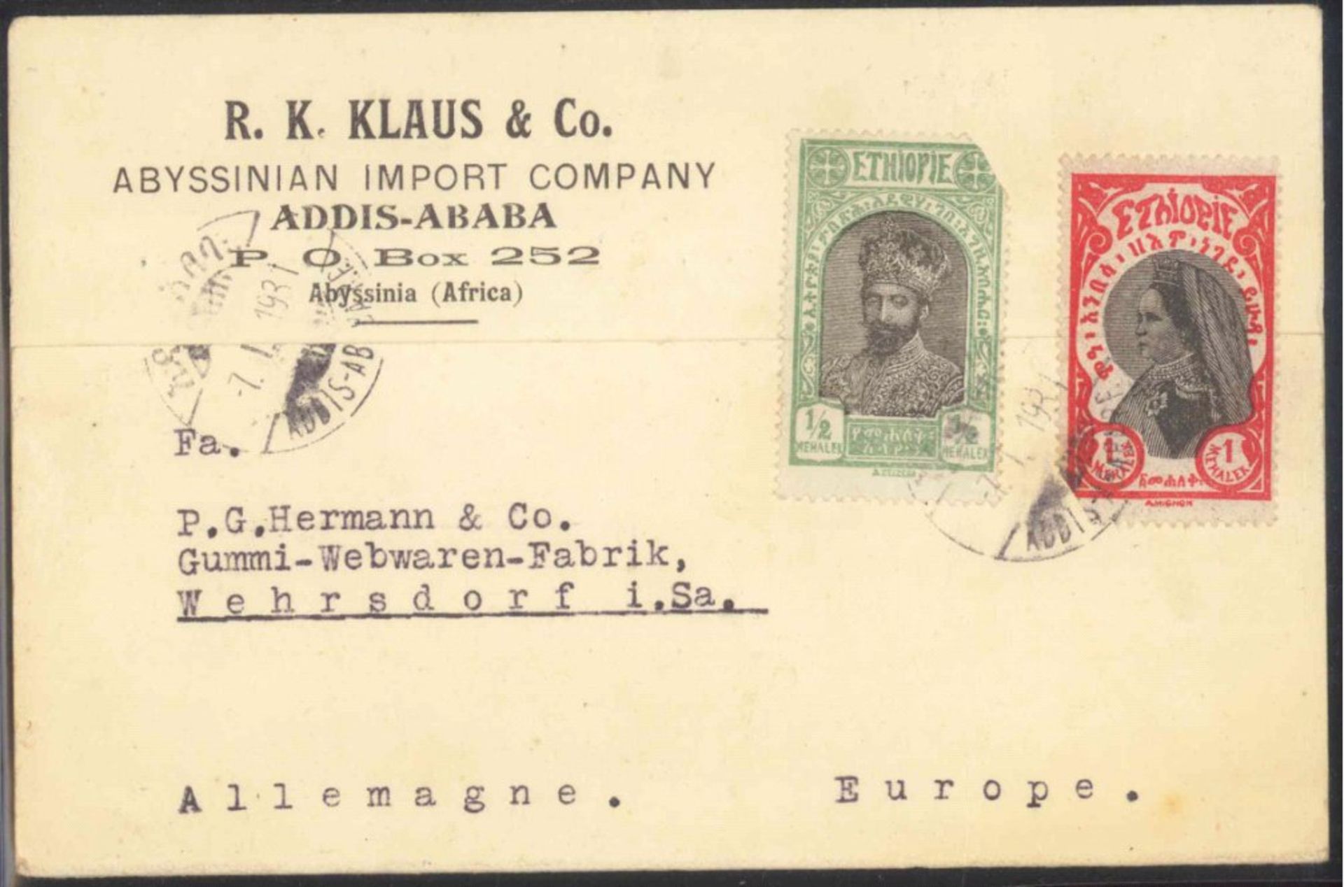 Äthiopien; 1931 Korrespondenz nach Wehrsdorf in SachsenGeschäftskarte aus ADDIS ABABA an die Gummi-