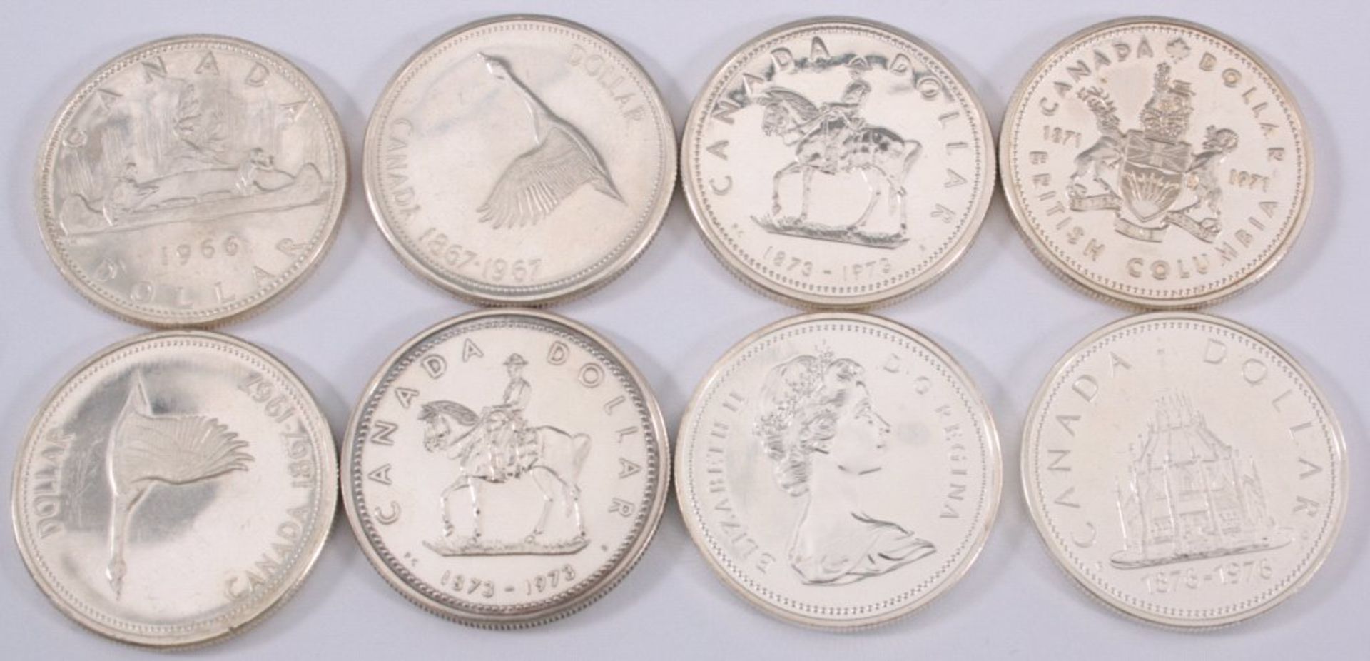 Kanada, Sammlung von 8 Silberdollar1x 1 Dollar 1966.2x 1 Dollar 1967.1x 1 Dollar 1971.2x 1 Dollar