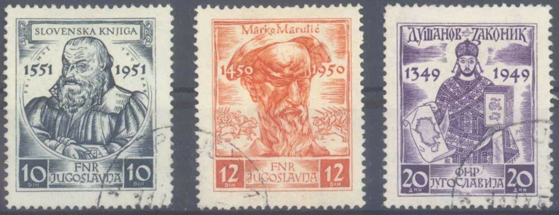 1951 Jugoslawien, Mitelalterliche SchriftstellerMichelnummern 668-670, rundgestempelt Pracht,