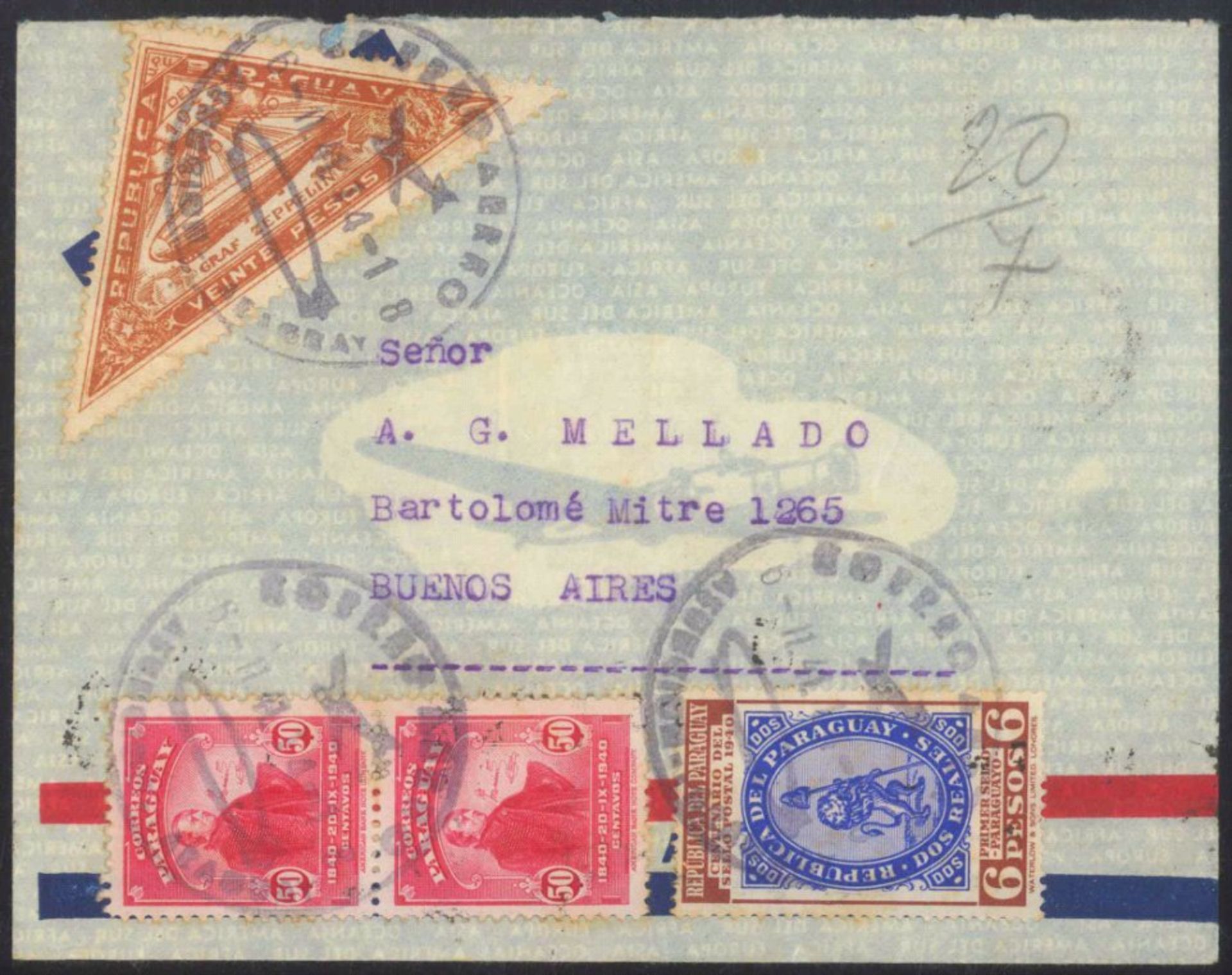 1941 Korrespondenz nach BUENOS AIRES aus Paraguay ZEPPELINLuftpost-Brief mit Zeppelin befördert