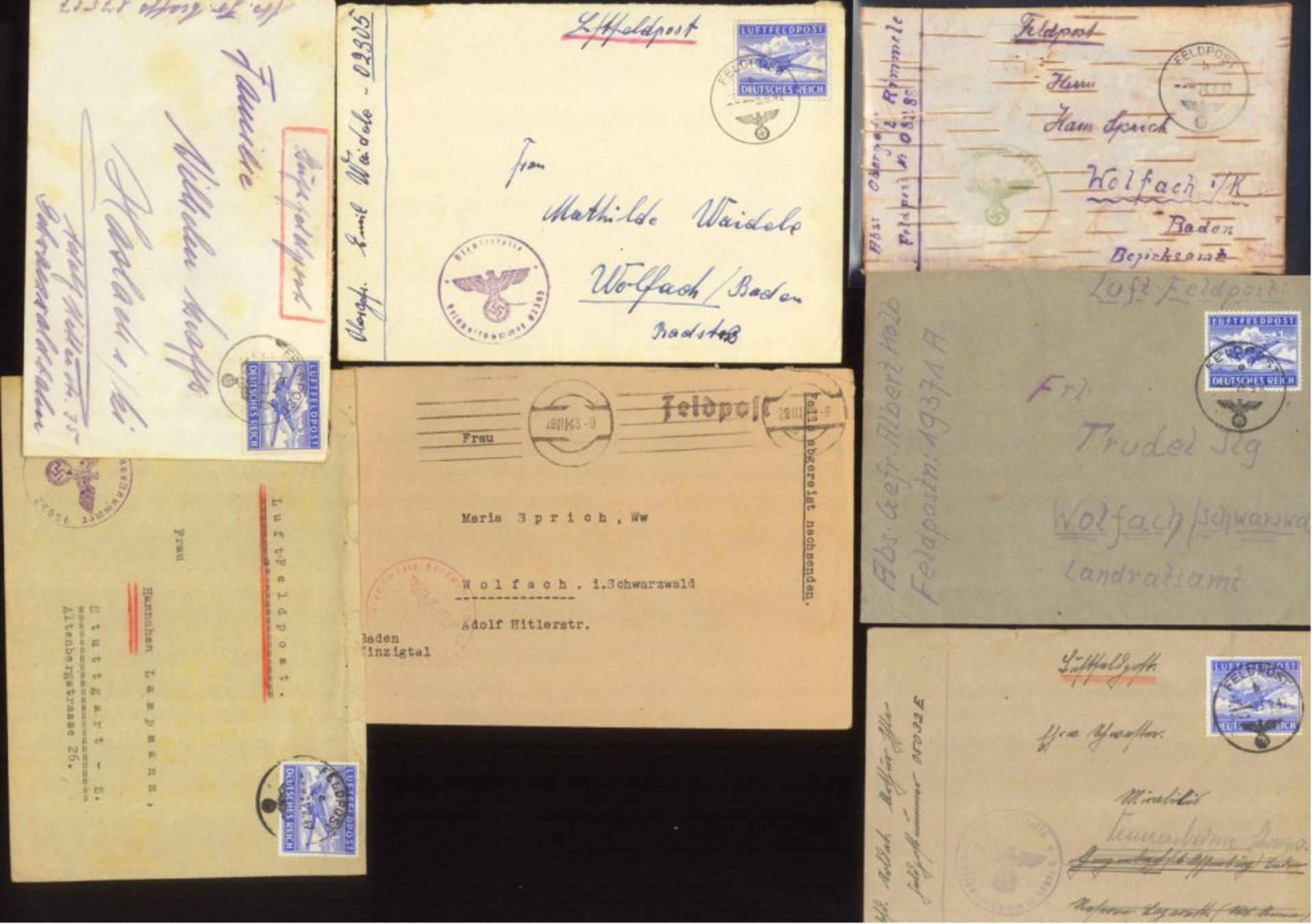 Deutsche Feldpost des II. Weltkrieges 1942-19437 verschiedene Belege, dabei 5 mal Luftfeldpost und