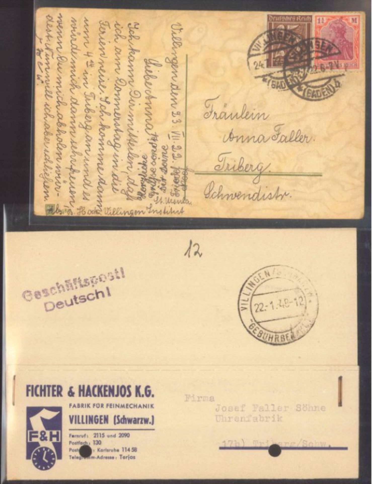 Deutsches Reich 1922; VILLINGENfarbige Kunstkarte von "VILLINGEN 24.7.22" nach Triberg anein