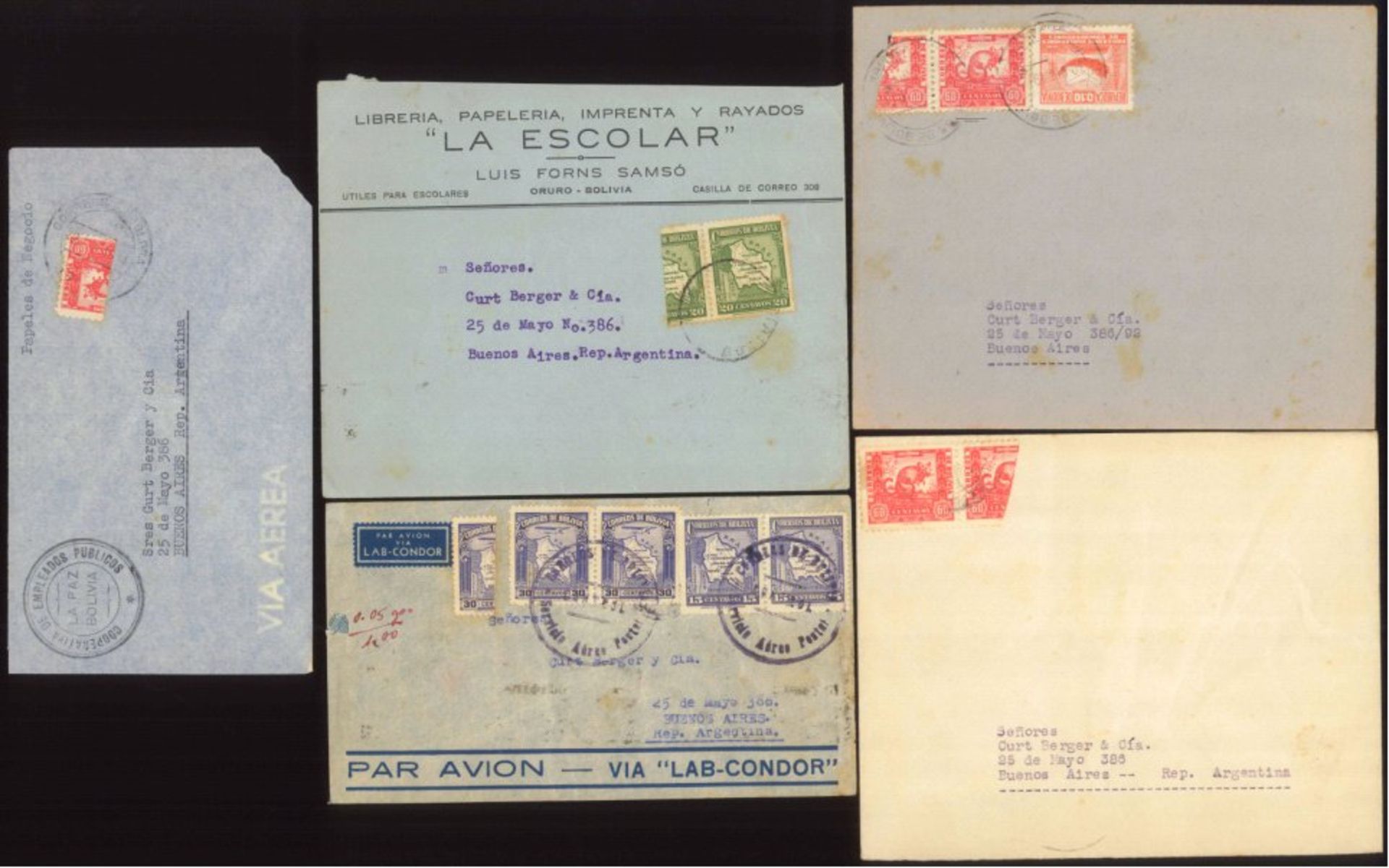 1937-1945 Korrespondenz nach BUENOS AIRES aus Bolivien5 Briefe, dabei alle mit HALBIERUNGEN, wohl