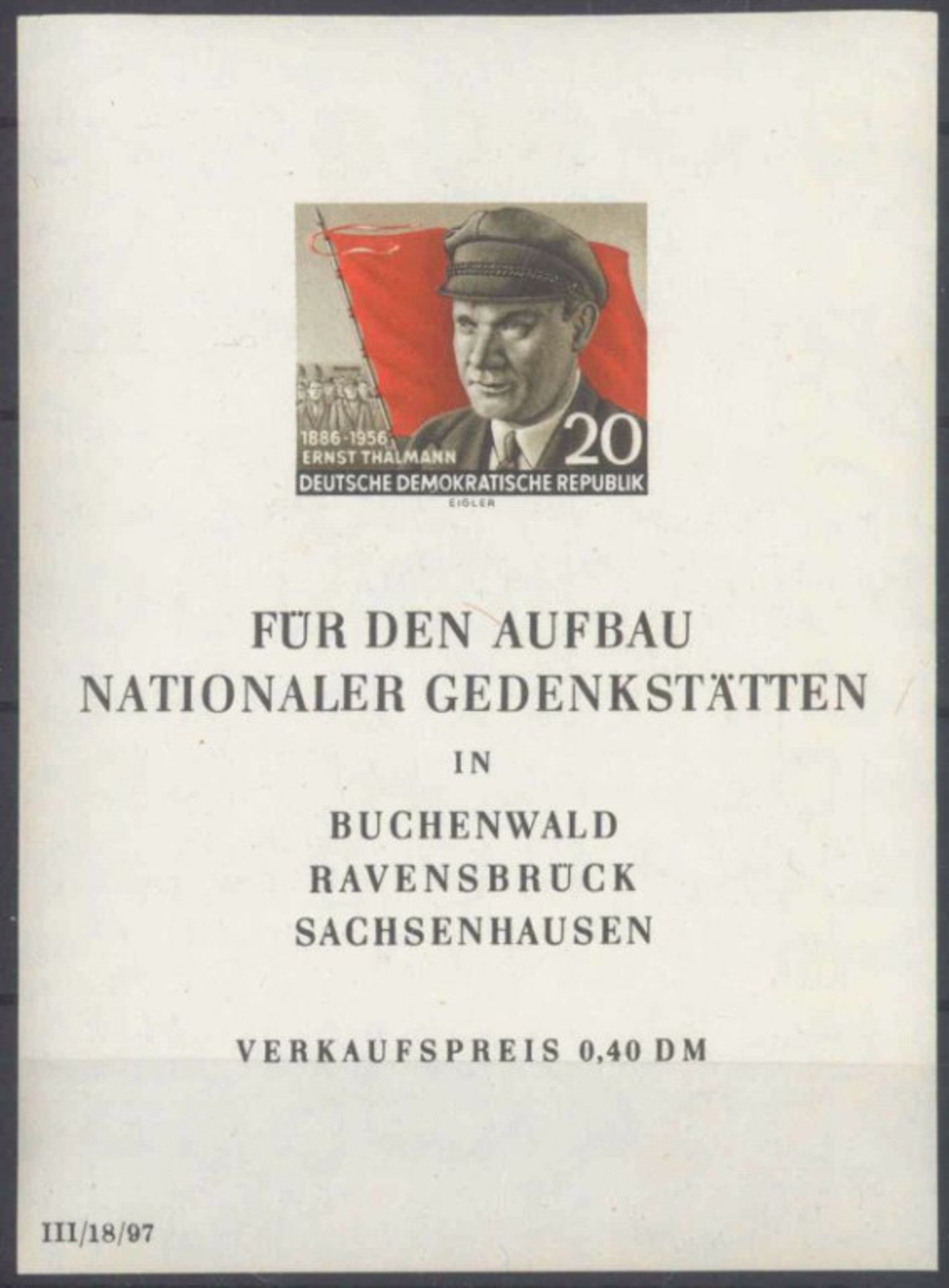 1956 DDR, Thälmann-Block mit Plattenfehler !!Michelnummer Block 15 mit mehrfach belegbaren